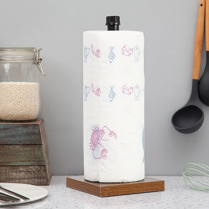 Rustic Industrial Iron Pipe Design Paper Towel Holder with Solid Wood Base Farmhouse Paper Towel Roll Dispenser for Kitchen Bathroom Livingroom Office (Rustic Brown)
