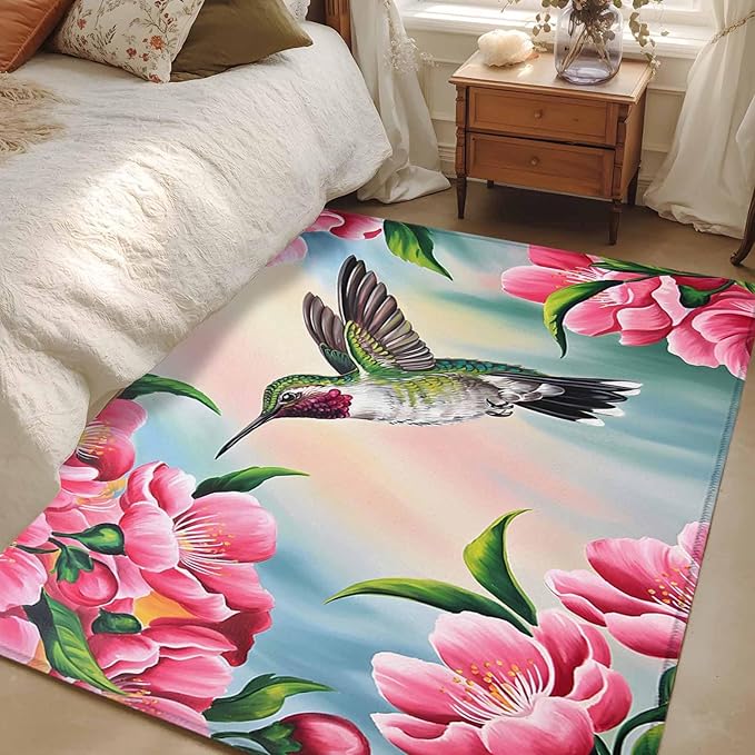 Area Rug 3x5ft, Hummingbird Flower Peach Blossom Washable Rugs for Living Room Bedroom, Nature Oil Painting Art Soft Non-Slip Area Rugs Rectangle Floor Carpet for Dining Room