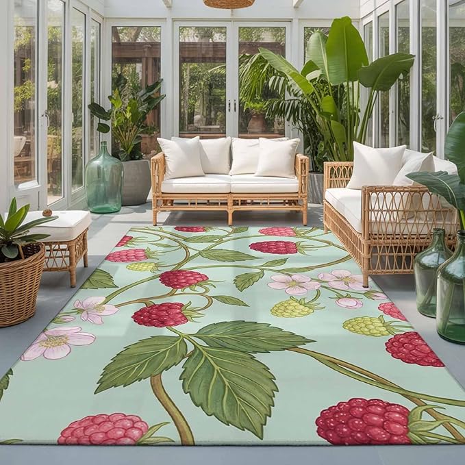 Area Rug 3x5ft, Farmhouse Berry Red Pink Blossoms Flower Washable Rugs for Living Room Bedroom, Green Leaves Soft Non-Slip Area Rugs Rectangle Floor Carpet for Dining Room