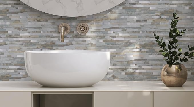 Yipscazo 20 Sheets Peel and Stick Stone Metal Tile Backsplash, Stick on Tiles for Backsplash Kitchen, Bathroom, Laundry Room, Camper, Fireplace (12'' X 12'', White Wood with Metal)