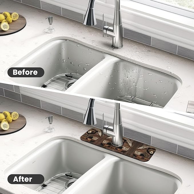 Rustic Lodge Bear Printed Faucet Absorbent mat, Suitable for bathrooms, Kitchens, and Other Sink Areas.