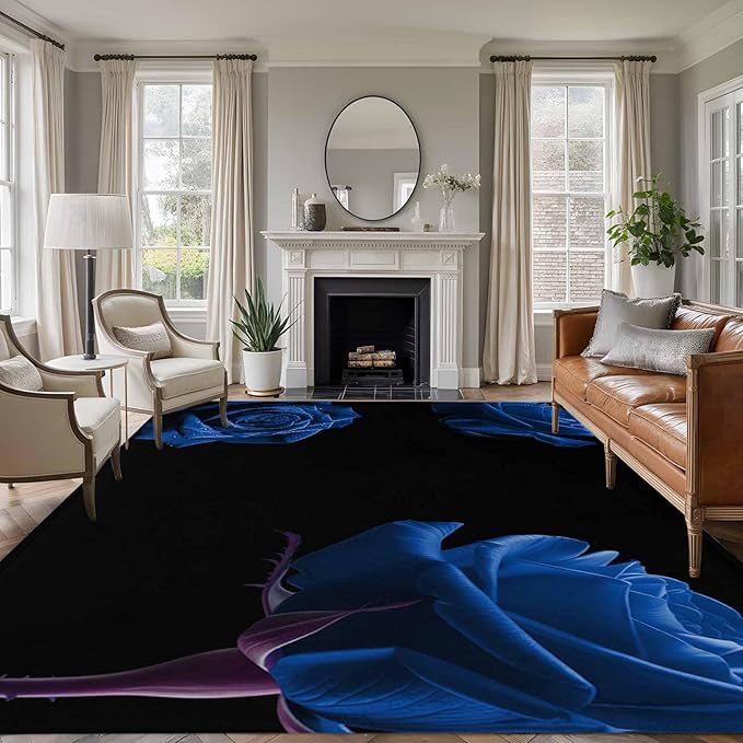 Area Rug 6x9ft, Abstract Garden Blue Rose Washable Rugs for Living Room Bedroom, Classic Country Floral Soft Non-Slip Area Rugs Rectangle Floor Carpet for Dining Room