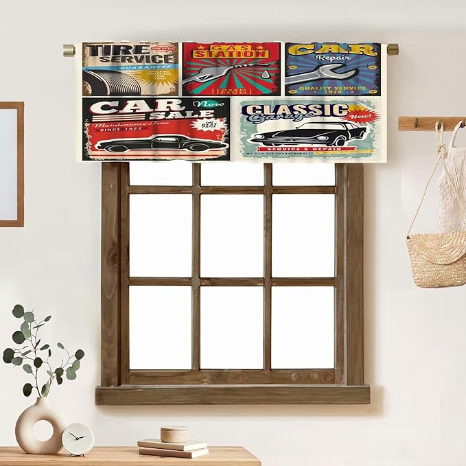 Vintage Car Signs Valance Curtain Retro Automobile Advertising Repair Vehicle Garage Servicing Rod Pocket Valance Window Treatments Short Curtains for Kitchen Bathroom 54x18inch