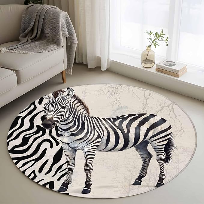 Washable Round Area Rug Zebra Black Stripe Animal Portrait Circle Rugs Floor Carpet for Living Room Bedroom, Vintage Tree Branch Soft Non Slip Round Rug 3ft