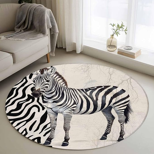 Washable Round Area Rug Zebra Black Stripe Animal Portrait Circle Rugs Floor Carpet for Living Room Bedroom, Vintage Tree Branch Soft Non Slip Round Rug 3ft