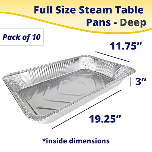 IDL Packaging Full Size Aluminum Steam Table Pans - Deep, 21" x 13" x 3" (pack of 10) - Disposable Foil Pan for Grilling, Roasting, BBQ, Cooking, Baking, Freezing