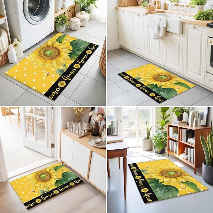Area Rug 2x3ft, Summer Watercolor Sunflowers Bees Washable Rugs for Living Room Bedroom, Farmhouse Floral Art Soft Non-Slip Area Rugs Rectangle Floor Carpet for Dining Room