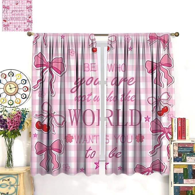 Pink Bow Blackout Curtain,Girls Modern Cherry Plaid Floral Star Abstract Window Curtains for Kitchen Bedroom Cafe Dining Room Office Living Room Drapes,42x45 in