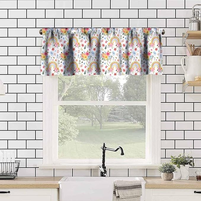 Rainbow Floral Valance, Watercolor Boho Rainbow Flowers Butterfly Print Short Window Treatment for Kitchen Dining Room Bedroom Nursery, 54x18Inch