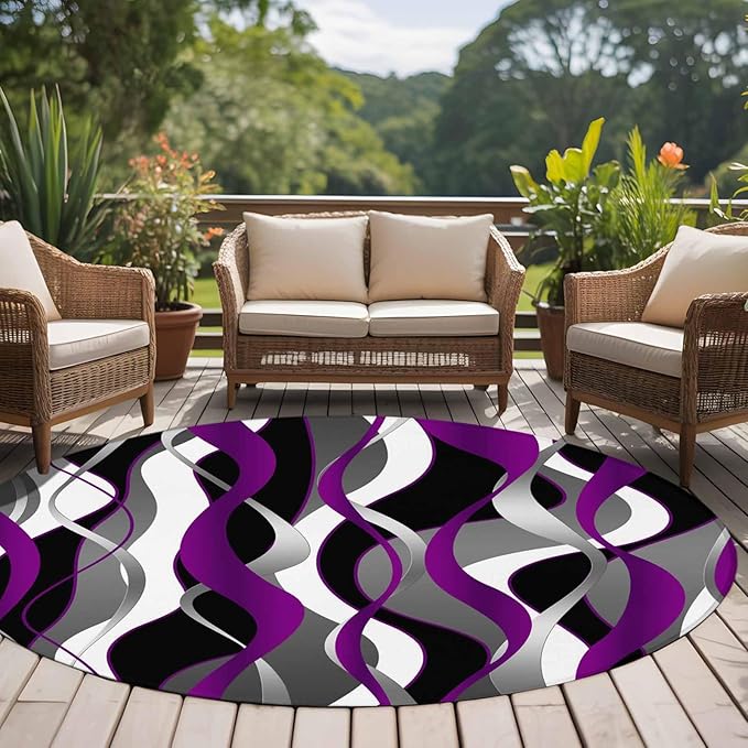 Washable Round Area Rug Abstract Purple Gray Black White Stripes Circle Rugs Floor Carpet for Living Room Bedroom, Modern Lines Soft Non Slip Round Rug 5ft