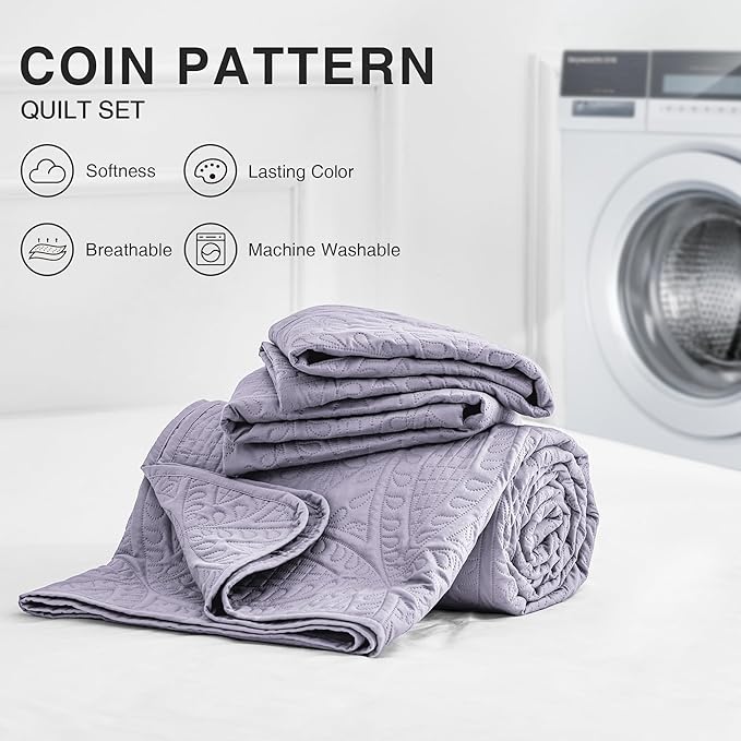 Love's cabin Oversized King Size Quilt Bedding Set Lavender Bedspreads - Oversized King Lightweight Bedspread Comforter - Coin Pattern Coverlet for All Season - 3 Pieces (1 Quilt, 2 Pillow Shams)