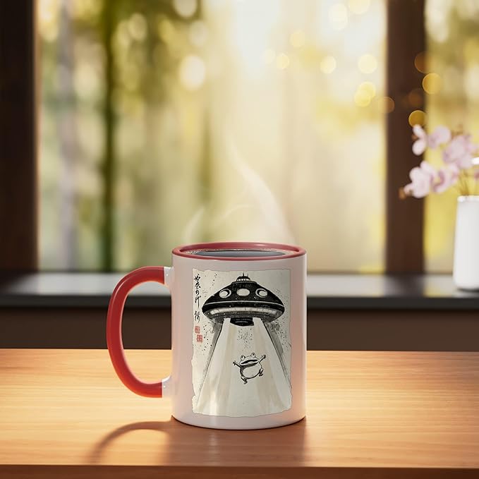Ukiyo-e Style UFO Abducting Cute Frog Ink Art Painting Ceramic Mug, Red/White