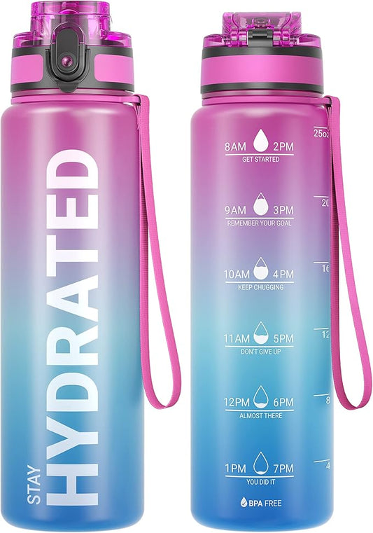 Sahara Sailor Water Bottle, 32/25/17oz Durable and Leakproof Water Bottles Motivational with Time Marker, Tritan, BPA Free, Wide Mouth with Easy Clean Brush for Gym, Travel, School, Office (1 Bottle)