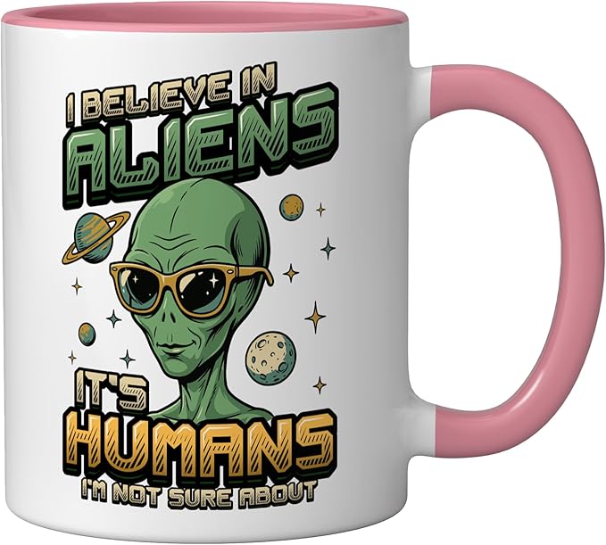 Alien Believer UFO Extraterrestrial Space Lover Ceramic Mug, Pink/White