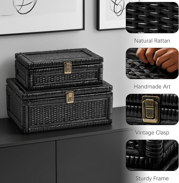 Rattan Box with Lid Decorative Natural Handmade Boho Rattan Baskets Woven Wicker Cane Bins Keepsake Memory Jewelry Boxes Rectangular Desk Shelf Closet Organizer Container (Black, Small)