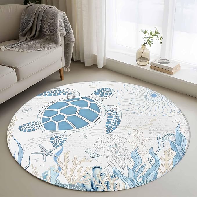 Washable Round Area Rug Blue Sea Turtles Stars Corals Circle Rugs Floor Carpet for Living Room Bedroom, Vintage Marine Life Soft Non Slip Round Rug 3ft