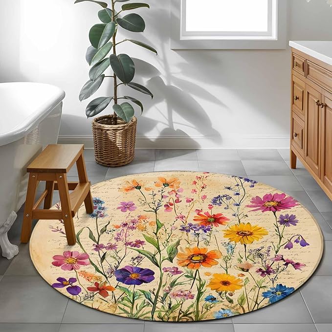 Washable Round Area Rug Farmhouse Colorful Small Flower Circle Rugs Floor Carpet for Living Room Bedroom, Retro Backdrop Seamless Soft Non Slip Round Rug 3ft