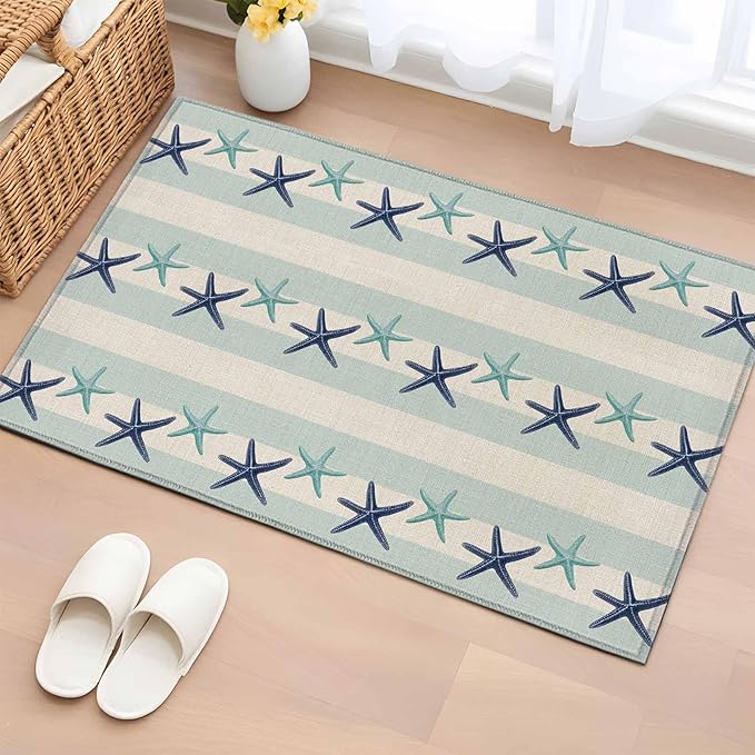 Area Rug 2x3ft, Summer Ocean Blue Teal Starfish Washable Rugs for Living Room Bedroom, Sea Star on Farmhouse Linen Soft Non-Slip Area Rugs Rectangle Floor Carpet for Dining Room