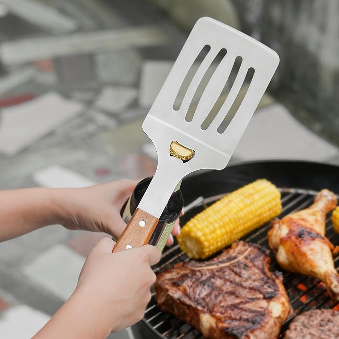 onlyfire Grill Tool Set Stainless Steel Griddle Accessories for Outdoor Camp Chef, Multifunctional Grill Utensil Set Including Grill Spatula, Meat Fork, Barbecue Tong and BBQ Gloves - Set of 5