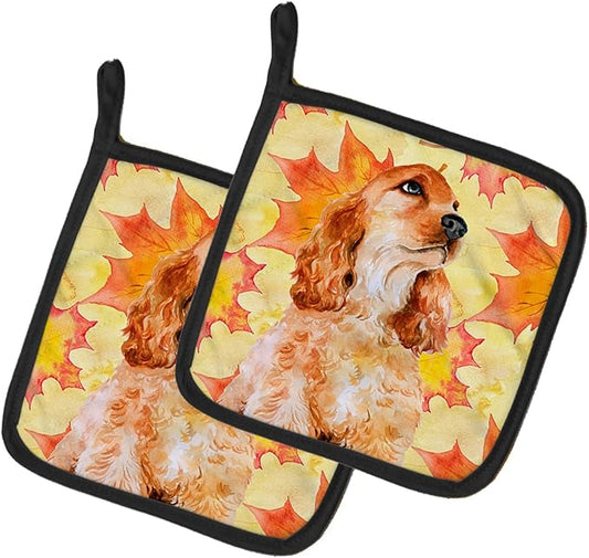 Caroline's Treasures BB9967PTHD Cocker Spaniel Fall Pair of Pot Holders, Yellow Kitchen Heat Resistant Pot Holders Sets Oven Hot Pads for Cooking Baking BBQ, 7 1/2 x 7 1/2
