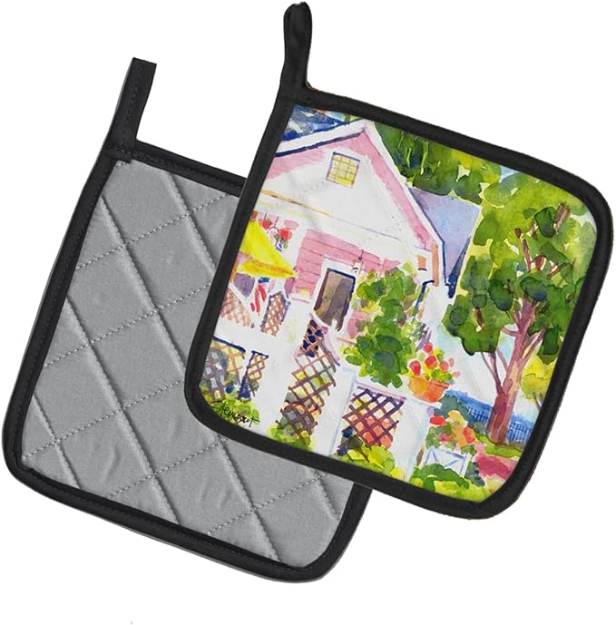 Caroline's Treasures 6130PTHD White Cottage at The Beach Pair of Pot Holders Kitchen Heat Resistant Pot Holders Sets Oven Hot Pads for Cooking Baking BBQ, 7 1/2 x 7 1/2