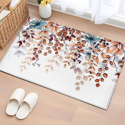 Area Rug 2x3ft, Fall Orange Watercolor Eucalyptus Leaves Washable Rugs for Living Room Bedroom, Fallen Leaf on White Soft Non-Slip Area Rugs Rectangle Floor Carpet for Dining Room