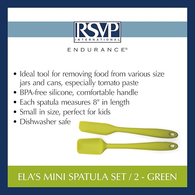 RSVP International Ela's Favorite Silicone Spatula, Green, 8" | BPA-Free Silicone | Scrape Batters, Flip Eggs, Ice Cakes, & More | Dishwasher Safe & Heat Resistant | Cooking, Baking & More