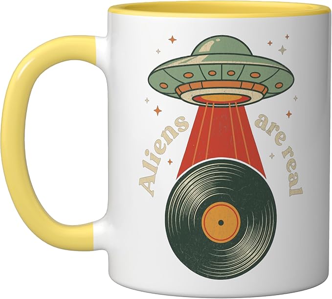 Vintage UFO Abduction Vinyl Record Player Retro Music Lover Ceramic Mug, Yellow/White