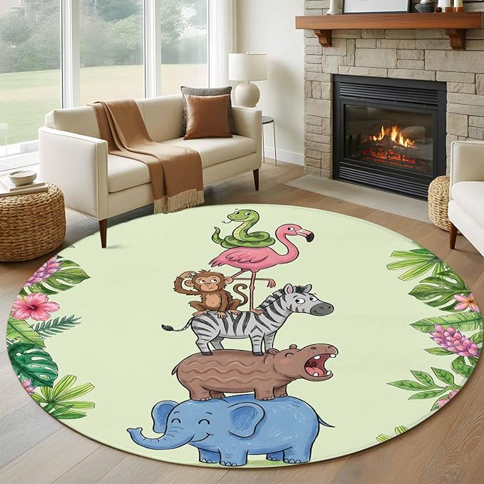 Washable Round Area Rug Funny Elephant Zebra Flamingo Circle Rugs Floor Carpet for Living Room Bedroom, Tropical Leaves Floral Soft Non Slip Round Rug 5ft