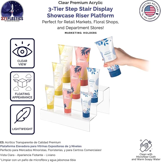 Marketing Holders 4 Pack Clear Acrylic Riser Retail Store Fixture for Small Products 9 Inch Wide by 7.75 Inch Deep Collectible Jewelry or Watch Boxes Showcase Platform