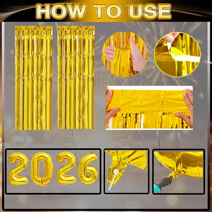 Happy New Year Decorations 2026, New Years Eve Party Supplies 2026, New Years Decoration Set with 2026 Number Balloons, Happy New Year Banner, Champagne Curtains Backdrop for NYE Party Decorations