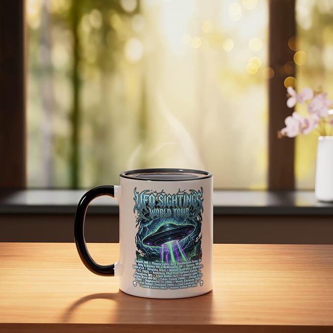 Vintage UFO Sightings World-Tour Cool-Looking Heavy-Metal Ceramic Mug, Black/White