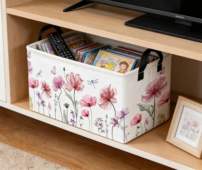 Essme Rectangular Flower Basket,Girls Baskets Empty with Handles,Cute Baskets for Kids Room Decor,Boys and Girls, Gift Basket,(Flowers)