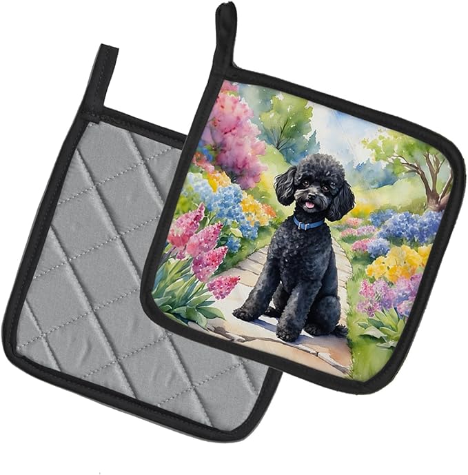 Caroline's Treasures Black Poodle Spring Path Pair of Pot Holders Kitchen Heat Resistant Pot Holders Sets Oven Hot Pads for Cooking Baking BBQ, 7 1/2 x 7 1/2