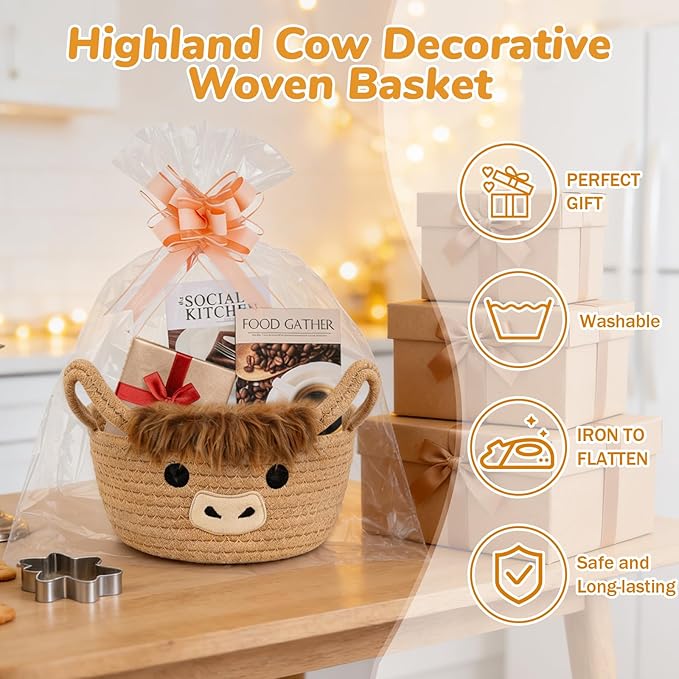 Highland Cute Cow Basket, Small Woven Rope Gift Basket with Bag Bow and Card, Empty Ribbon Cotton Storage Bin with Handles, Baby Shower 0rganizer Nursery Wedding Oval Shelves Decorative Bin