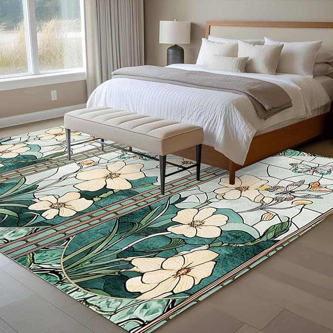 Area Rug 6x9ft, Spring Flower Colorful Butterfly Washable Rugs for Living Room Bedroom, Vintage Green Plant Soft Non-Slip Area Rugs Rectangle Floor Carpet for Dining Room