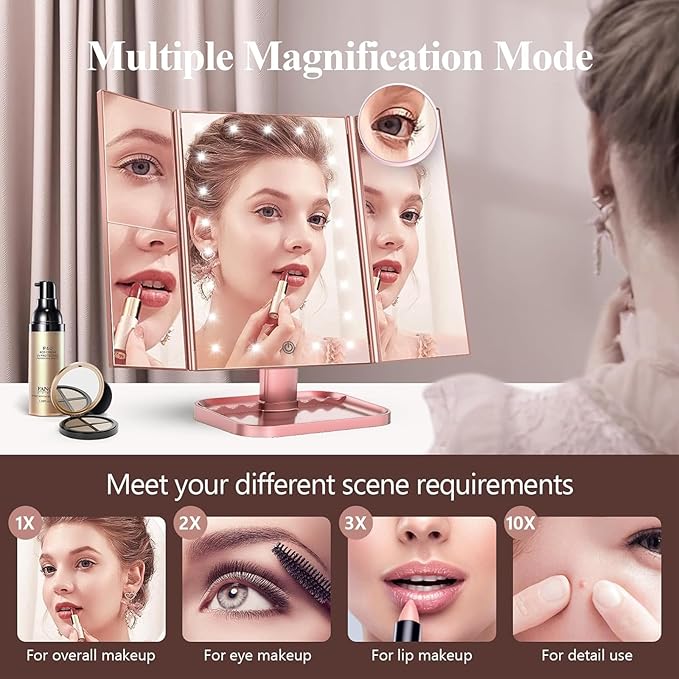 HUONUL Makeup Mirror, Vanity Mirror with Lights, 2X/3X/10X Magnification, Touch Control, Trifold, Dual Power Supply, Mothers Day for Mom Gifts, Gifts for Women, Wife, Mom, Girls,Dorm Room Essentials