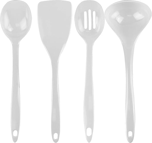 Reston Lloyd 100% Melamine Kitchen Utensil Set, Non Scratching Ladle, Spoon, Slotted Spoon & Spatula, Easy To Hold, Set of 4, White