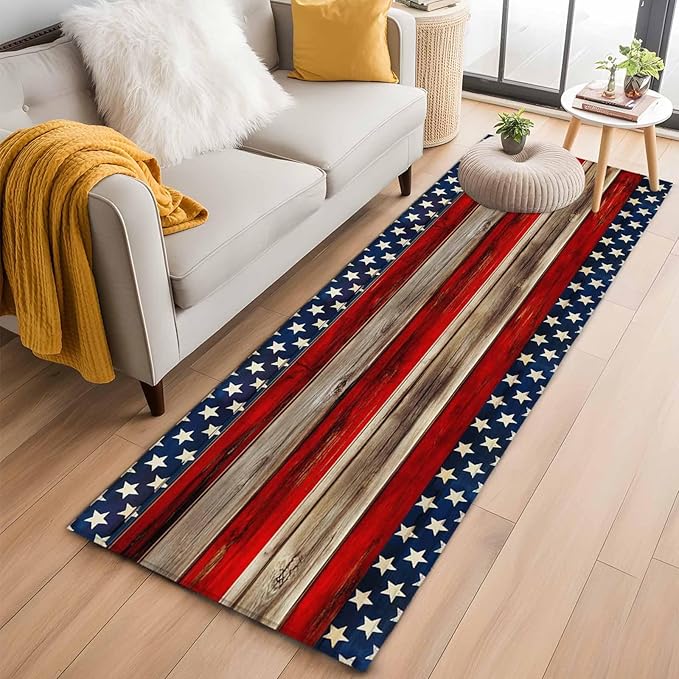 Runner Rug for Bedroom Hallway, Vintage Stripes and Stars Kitchen Runner Rugs Area Rug 2x6ft, Patriotic 250th Anniversary Washable Soft Floor Carpet for Entryway Stair