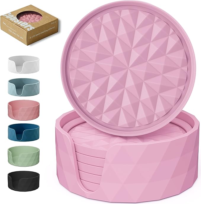 Silicone Coasters for Drinks[6 Pack, Soft Pink] Diamond Design Cup Mat with Holder for Tabletop Protection Non Slip, Non Stick, Coffee Table Decor, Great Gift for Any Occasion