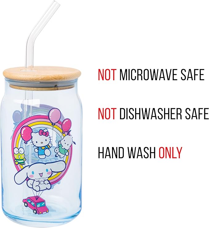 Silver Buffalo Sanrio Hello Kitty & Friends Floating Car Balloons Featuring Cinnamoroll, Pochacco, and Keroppi Glass Jar Tumbler with Bamboo Lid and Glass Straw, 16 Ounces