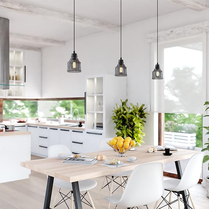 VAXCEL Millie Matte Black Mini Pendant Ceiling Light Smoke Gray Bell Glass