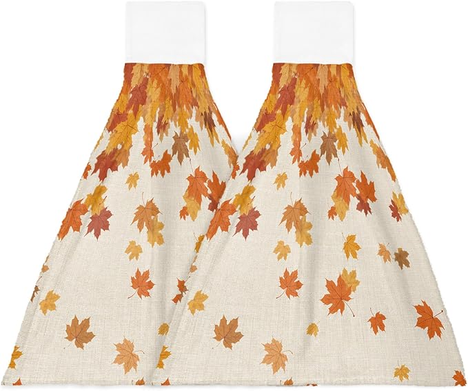 Alandar Home Kitchen Tie Towel Set of 2, Vintage Autumn Maple Leaves Absorbent Soft Hand Towels for Bathroom Hanging Towels, Countryside Farm Plants Fast Drying Cleaning Cloth with Loop