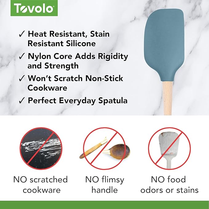 Tovolo Silicone Spatula Wooden Handle for Cooking Baking Mixing, Heat Resistant Food Safe BPA Free Flexible Silicone Baking Spatula with Wood Handles Kitchen Utensils Nonstick Safe, Blue Slate
