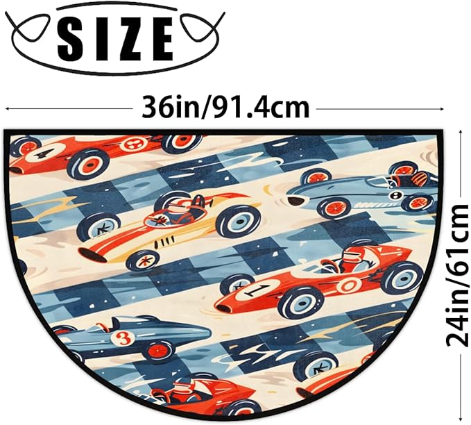 Race Car Racing Half-Round Door Mat | Indoor Entrance Half-Moon Rug | Low-Pile | Area Rug, Non-Slip, Absorbent Semi-Circle Welcome Mats for Kitchen, Patio, and Home Decor | 36x24 Inches
