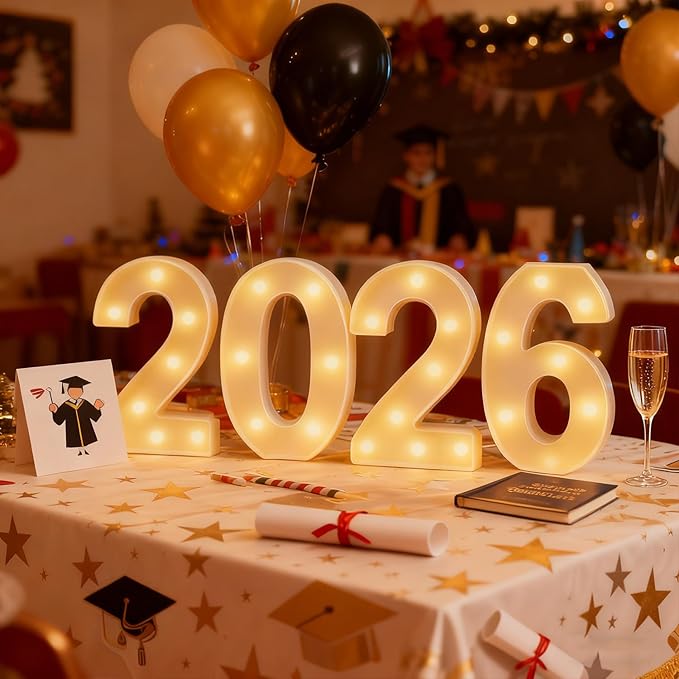 LED Marquee Number 2026 Sign - Light Up 2026 Numbers for New Year Eve Party Decorations, Christmas, Graduation & Festive Gatherings | Battery Powered, Freestanding Photo Backdrop (White)