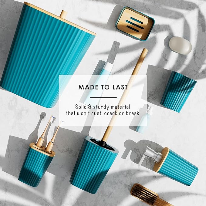 Clara Clark Bathroom Accessories Set - Bathroom Set, Bathroom Accessory Set, Shower Curtain Set, Toilet Brush, Trash Can & Soap Dispenser - Teal - 20PC