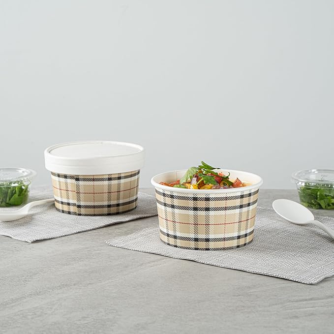 Restaurantware Coppetta 8 Ounce Dessert Cups, 200 Disposable Ice Cream Cups - Lids Sold Separately, Sturdy, Plaid Paper FroYo Bowls, For Hot And Cold Foods, Perfect For Gelato Or Mousse