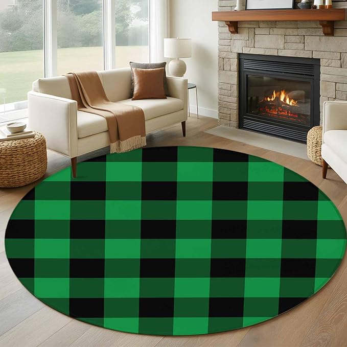 Washable Round Area Rug St. Patrick's Day Lucky Green Black Plaid Circle Rugs Floor Carpet for Living Room Bedroom, Buffalo Lattice Soft Non Slip Round Rug 5ft