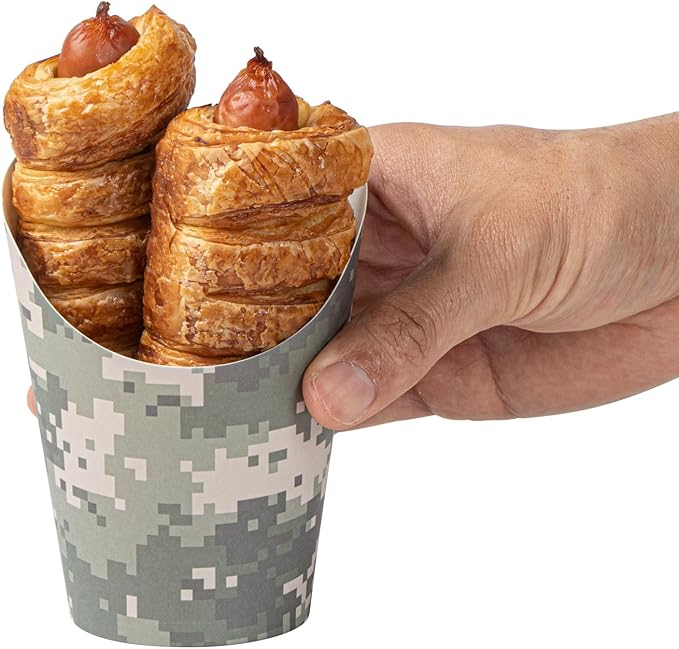 Restaurantware-Bio Tek 12 Ounce French Fry Containers, 100 Disposable Charcuterie Cups - Incline Design, Round, Camouflage Paper French Fry Cups, Stackable, For Waffles, Chips, or Popcorn